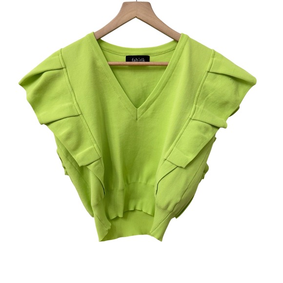 fab'rik Sweaters - fab'rik Lime Green V-Neck Ruffle Sleeve Sweater
